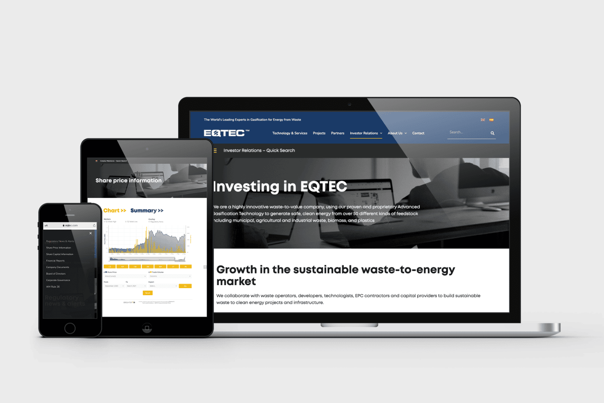 EQTEC's Investor relations pages shown on a desktop screen and tablet. Website created and optimised by The Typeface Group.. Click to view all our marketing case studies.