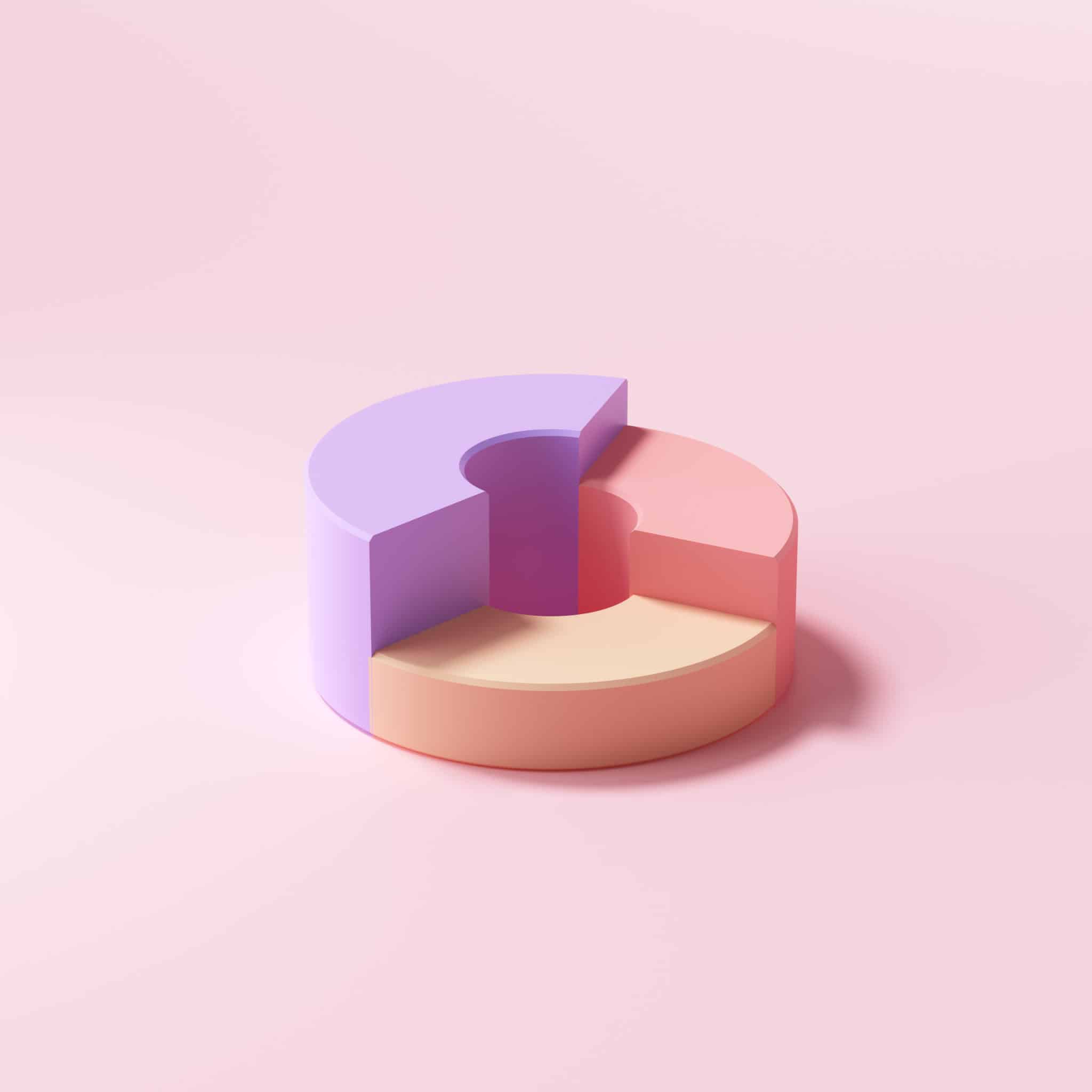 Pink background with three separate coloured pieces (lavender, light pink and light peach) of plastic that make a circle