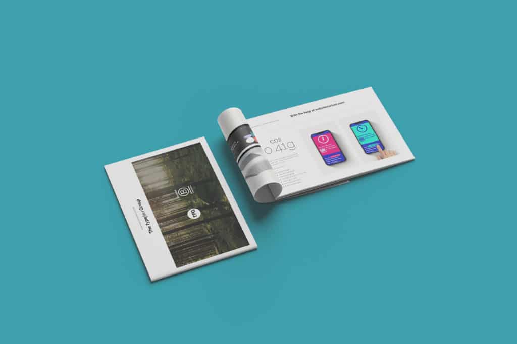 Teal background with an open brochure of The Typeface Group's Annual Sustainability Report, open on a website carbon page.