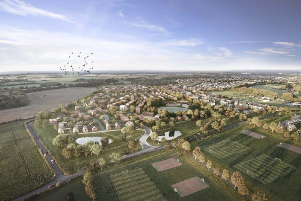 A drone type CGI showing what Manydown may look like once completed.
