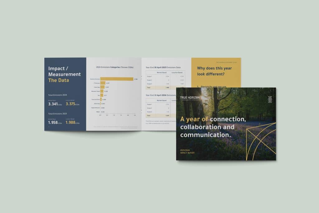 Mock Up of True Horizons Impact Report. The impact report was designed and created by B Corp marketing agency The Typeface Group.